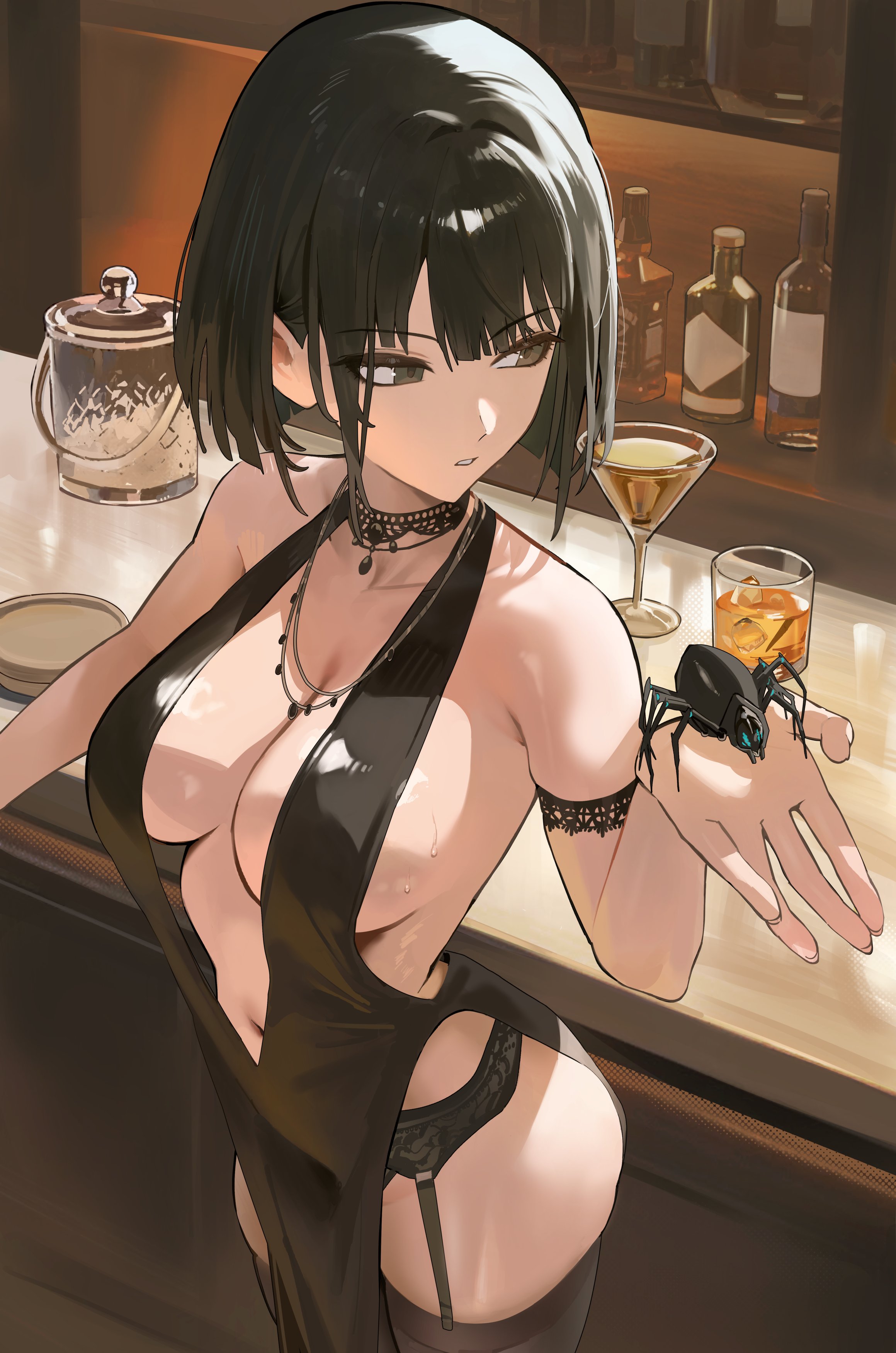 1girls, alcohol, backless dress, backless outfit, bar, big ass, black clothing, black dress, black eyes, black hair, bob cut, breasts, choker, cleavage, dress, female, female only, fully clothed, helentine (punishing: gray raven), highres, large breasts, lingerie, necklace, open dress, punishing: gray raven, revealing clothes, robot girl, solo, thighhighs