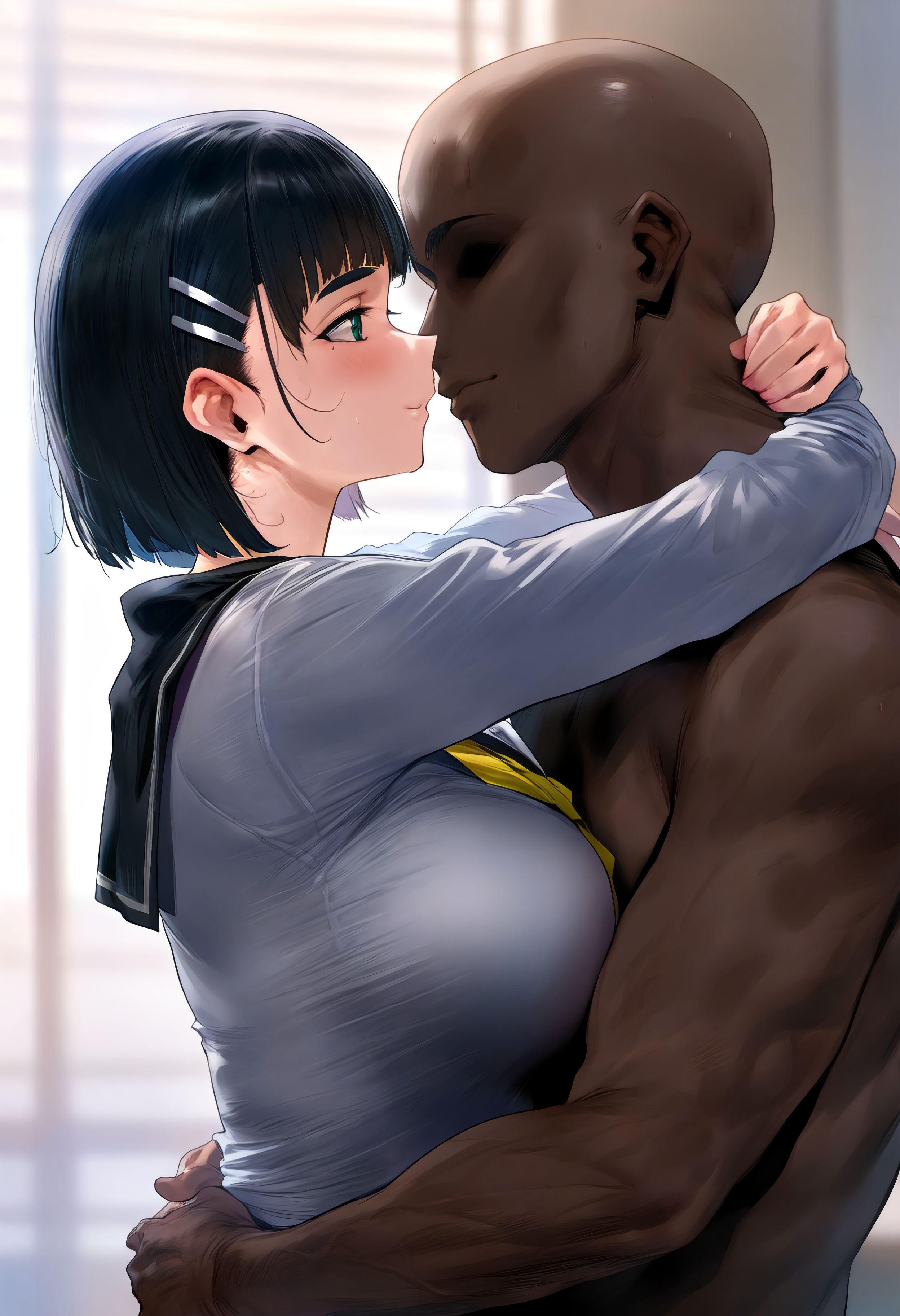 ai generated, big breasts, black hair, breasts, dark skin, dark-skinned male, female, indoors, interracial, kirigaya suguha, light skin, light-skinned female, male, male/female, mikayori, school uniform, schoolgirl, sword art online