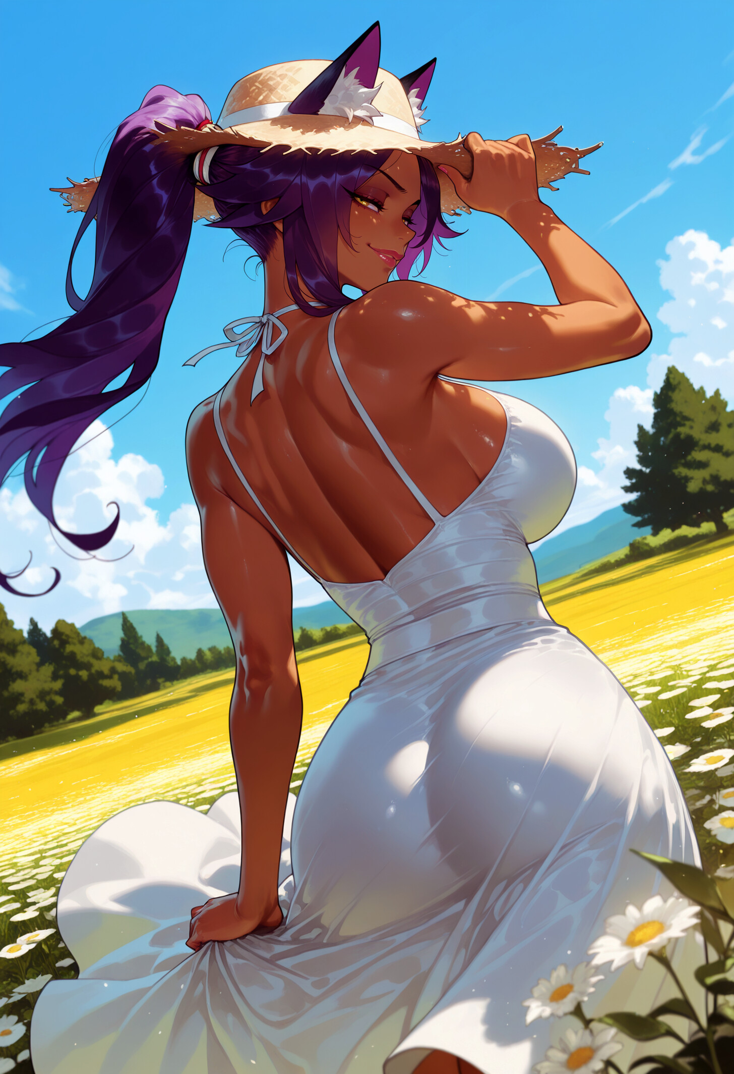 1girl, 1girls, ai generated, animal ear fluff, animal ears, ass, back, backless outfit, balecxi, bare shoulders, bleach, bleach: the thousand-year blood war, blue sky, breasts, cat ears, clothing, cloud, curvaceous, curvaceous female, curvaceous figure, curvy, curvy figure, daisy, dark skin, dark-skinned female, day, dress, dutch angle, ears through headwear, female, female focus, field, flower, flower field, from behind, halterneck, hand on headwear, hat, huge ass, inviting, inviting to sex, large breasts, long dress, long hair, looking at viewer, looking back, mature female, median furrow, muscular, muscular female, narrow waist, outdoors, ponytail, presenting, presenting ass, presenting breasts, presenting hindquarters, presenting self, purple hair, seductive, seductive look, seductive smile, see-through silhouette, shihouin yoruichi, sideboob, sky, smile, solo, spaghetti strap, straw hat, summer, sun hat, sundress, toned, tree, uncensored, voluptuous, voluptuous female, white dress, white flower, yellow eyes, yoruichi shihouin