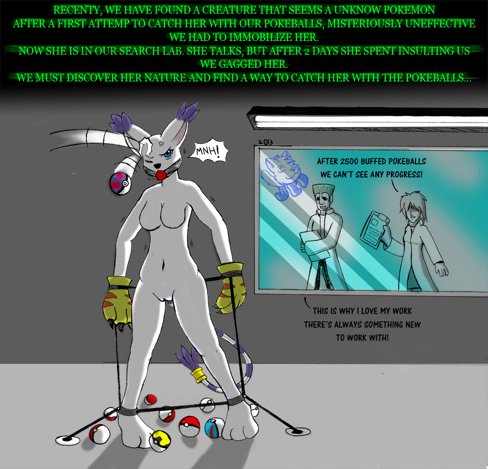 angry anthro ball_gag bondage bound breasts cavy claws crossover data_files digimon feline female fur furry gag gagged gatomon herseio hit human mammal master_ball multiverse nude poke_ball pussy restrained scientist spreader_bar study text