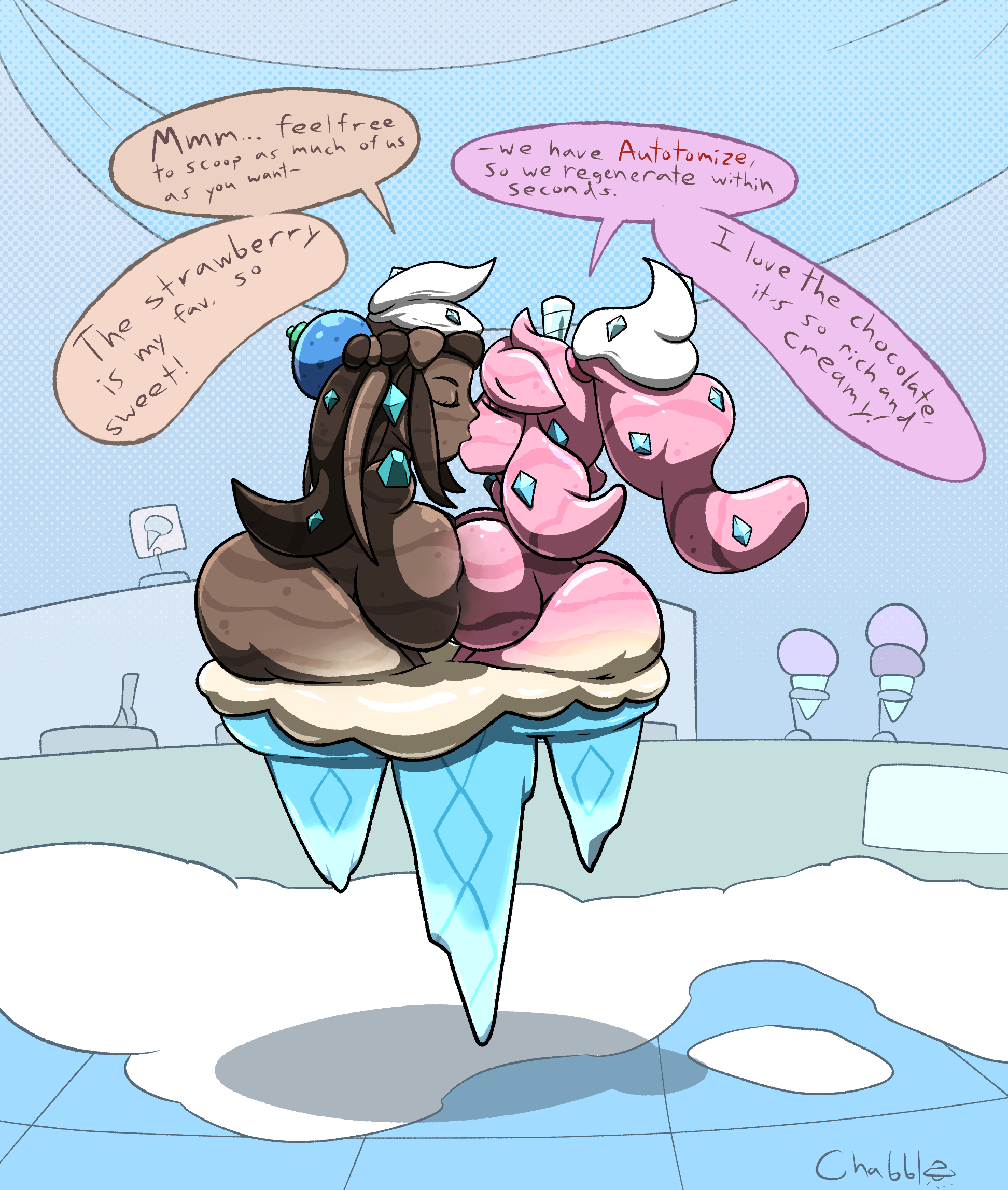 2girls, chabble, chocolate, english text, female, female only, fusion, girls kissing, ice, ice cream, lesbian kiss, multiple females, multiple girls, nessa (pokemon), pokemon, pokemon (species), sonia (pokemon), strawberry, talking, text, transformation, vanilla, vanilluxe