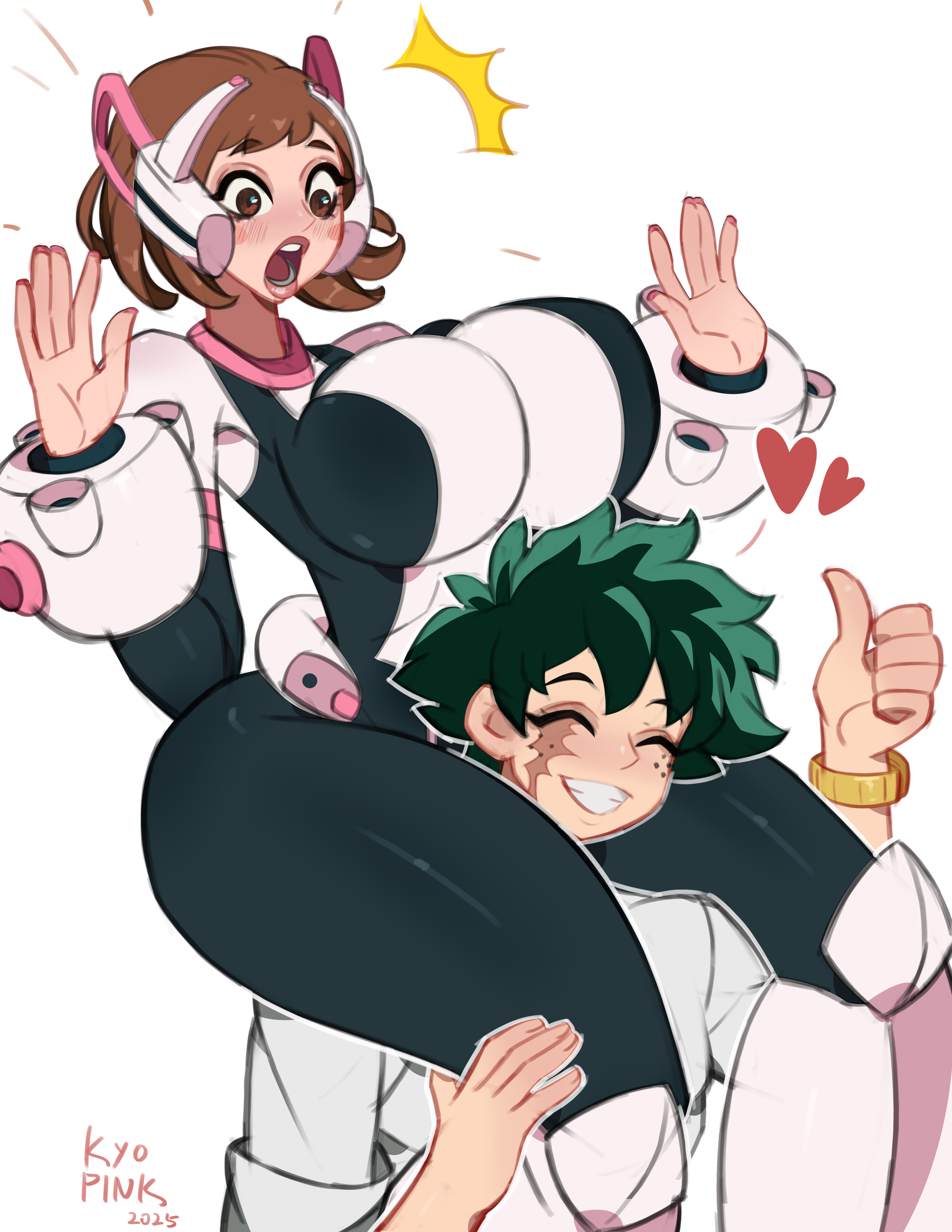 1boy, 1girls, big breasts, blush, bodysuit, breasts, brown eyes, brown hair, canon couple, curvaceous, curvy, curvy figure, deku, female, female human, green hair, hero outfit (mha), human, izuku midoriya, kyopink, light skin, light-skinned female, male, my hero academia, my hero academia (finale), ochako uraraka, post-timeskip, shounen jump, superhero costume, superheroine, thick thighs, thumbs up