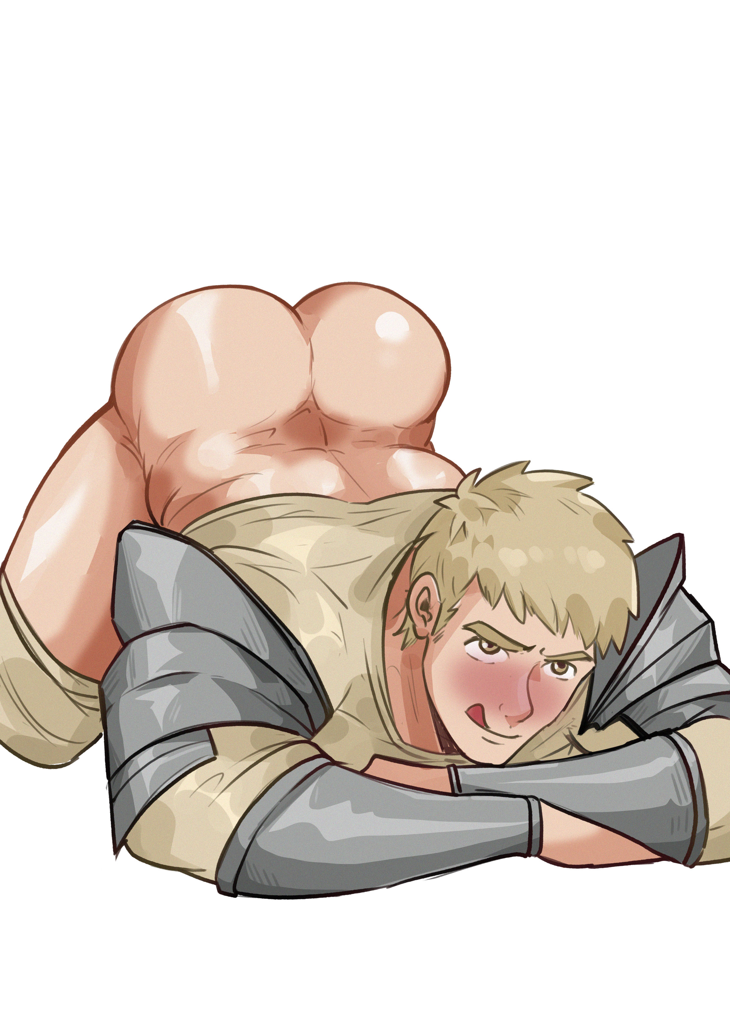 1boy, ass, big ass, big ass (male), big butt, big butt (male), blonde hair, blush, dungeon meshi, gay, happy, laios touden, male, male only, solo, solo male, tongue, tongue out, yaoi, yellow eyes