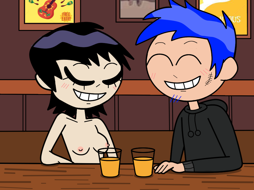 1boy angry angry_face bar_(place) bare_shoulders barefoot becky becky_(lincylover) beer blue_hair blush blush_lines breasts casual casual_nudity closed_eyes closed_mouth closed_smile clothed_male_nude_female completely_nude completely_nude_female couple duo female female glass_cup human lincylover_(artist) male nude_female nudism nudist nudity oc pale_skin pants purple_hair smile sweater valery valery_(lincylover)