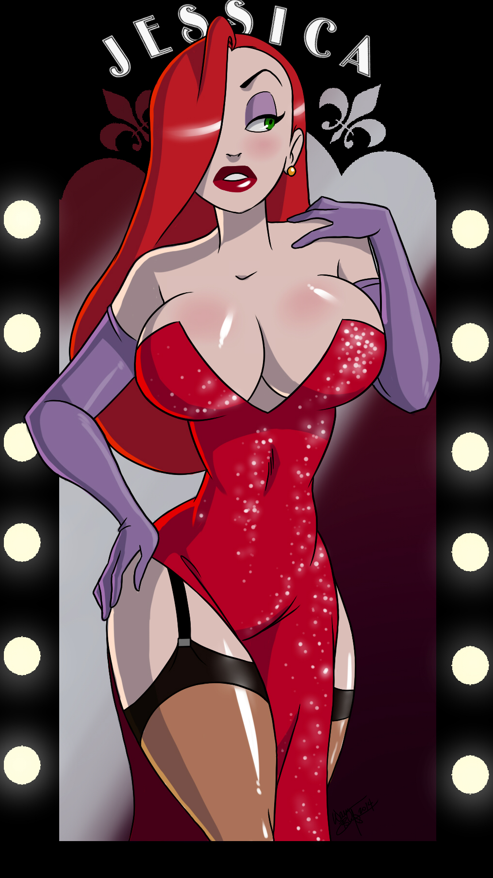 1girls, aeolus06, arm gloves, big breasts, big hips, big thighs, blush, body blush, breasts, busty, cleavage, disney, dress, ear piercing, earring, earrings, elbow gloves, eyeshadow, female, female only, garter, garter belt, garter straps, gloves, green eyes, hair over one eye, human, jessica rabbit, large breasts, light skin, lipstick, long hair, makeup, red hair, sequin dress, solo, standing, stockings, strap, text, thighhighs, voluptuous, who framed roger rabbit