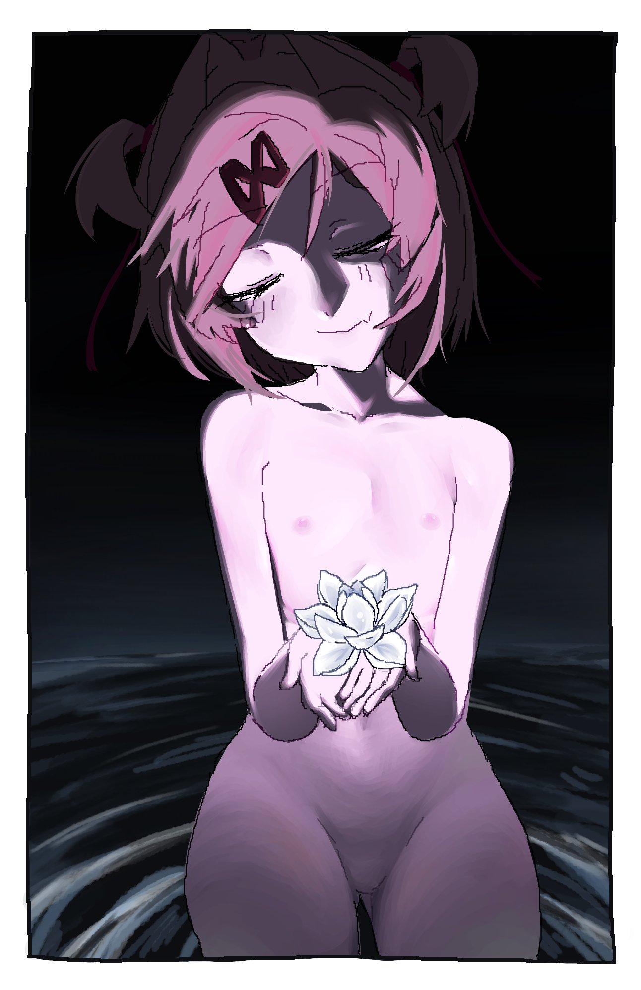 1girls 5_fingers breasts closed_eyes closed_mouth crossed_hair-clip doki_doki_literature_club exspiravitbag female female_only flat_chest flat_chested flesh_fang flower lotus_(flower) natsuki_(doki_doki_literature_club) navel nipples non-sexual_nudity pink_hair solo