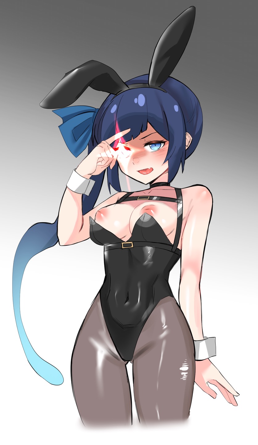 artist_request breasts_out bunny_ears bunnysuit choker dark_blue_hair detached_cuffs gradient_background heterochromia inverted_nipples medium_breasts shion_(trickcal) side_ponytail simple_background trickcal_re:vive wardrobe_malfunction