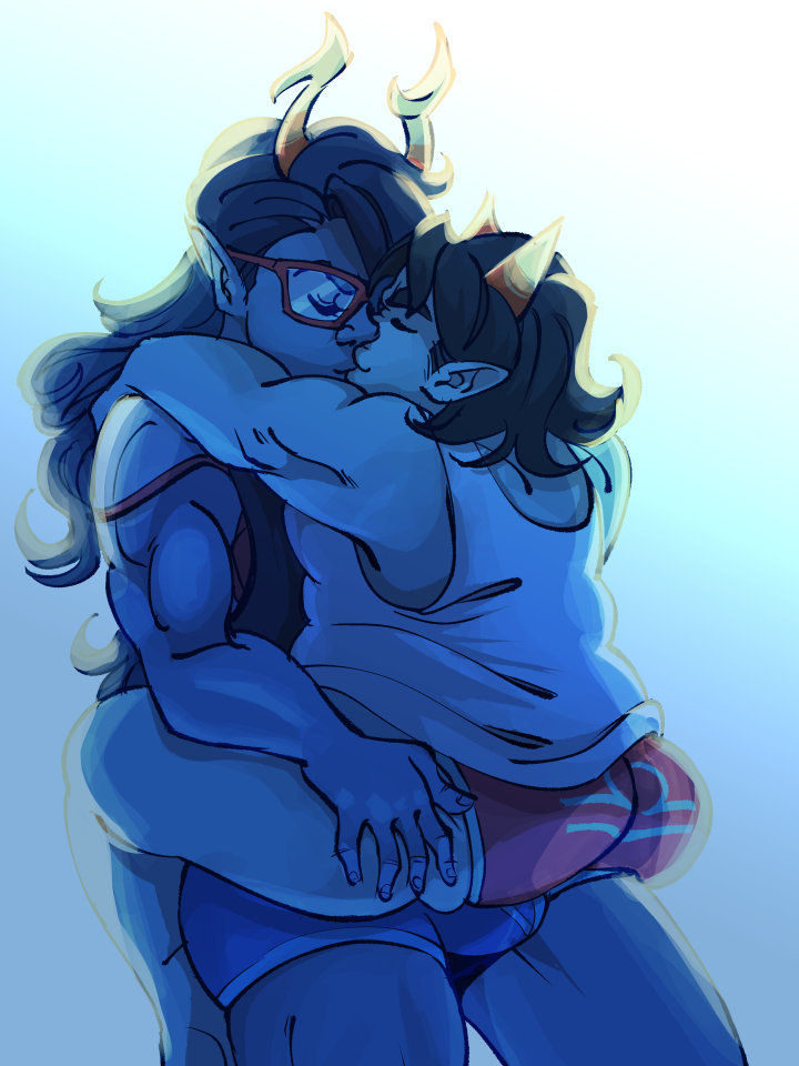 2girls bulge bulge_through_clothing clothed futanari grabbing_ass homestuck homestuck_troll horns kissing lifting_person muscular_female terezi_pyrope vriska_serket yuri