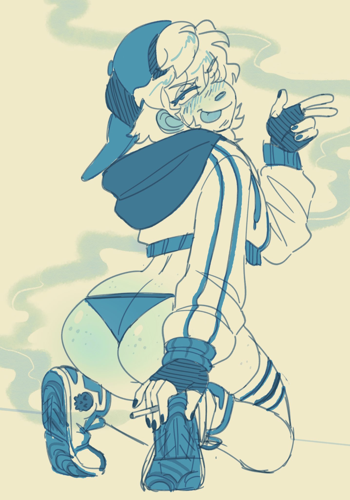arched back, ass, bikini, bikini bottom, blush, casper (scootybooty), clothed, clothing, facial hair, freakypines, freckles, male, streetwear, thighhighs, tongue, tongue out, twink