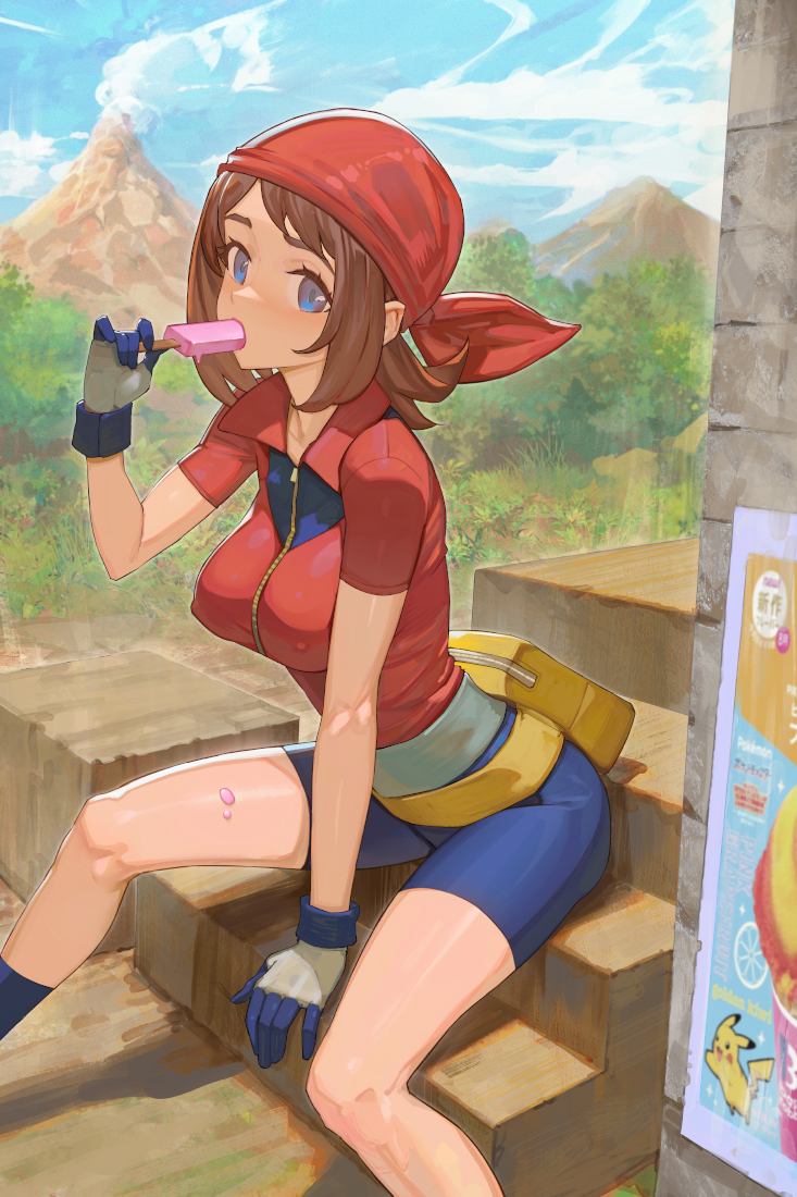 1girls bandana big_breasts bike_shorts blue_eyes breasts brown_hair clothed creatures_(company) food game_freak gloves jacket leaning_forward looking_at_viewer may_(pokemon) medium_hair mountain nature nintendo nipple_bulge outdoors pikachu pokemon pokemon_rse popsicle popsicle_in_mouth shorts sitting sky solo suggestive_food yugen99