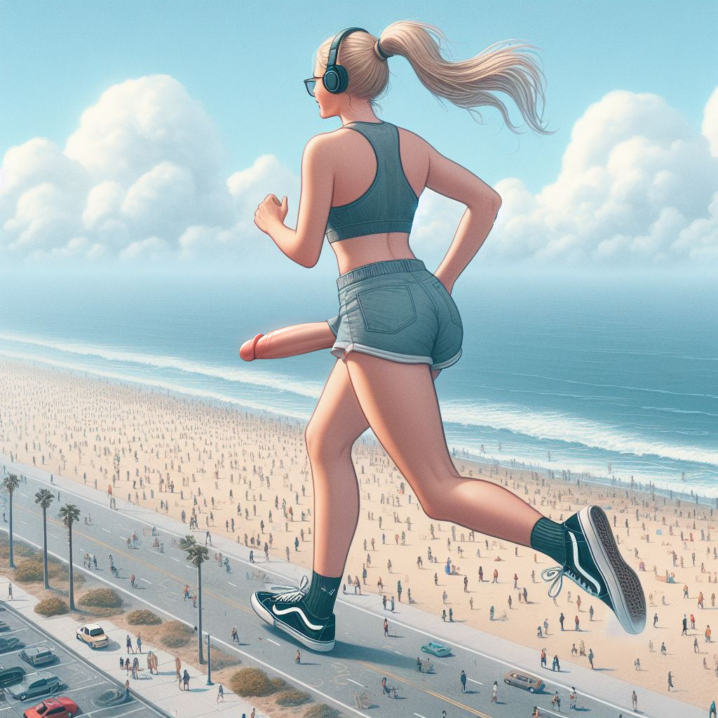 ai_generated beach big_penis blonde_hair futa_is_bigger futanari giantess glasses headphones headphones_on_head huge_cock light-skinned_futanari light_skin penis ponytail running seaside shorts size_difference sneakers spalela vans