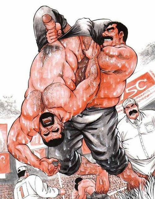 arm_between_legs bara beard chest_hair closed_eyes cock_and_ball_torture facial_hair go_fujimoto heavy_sweating holding_penis male male_only multiple_males muscles pants_down retracted_foreskin shirtless squeezing_testicles tagme tamakeri testicles turkish_wrestling undressing upside_down yaoi