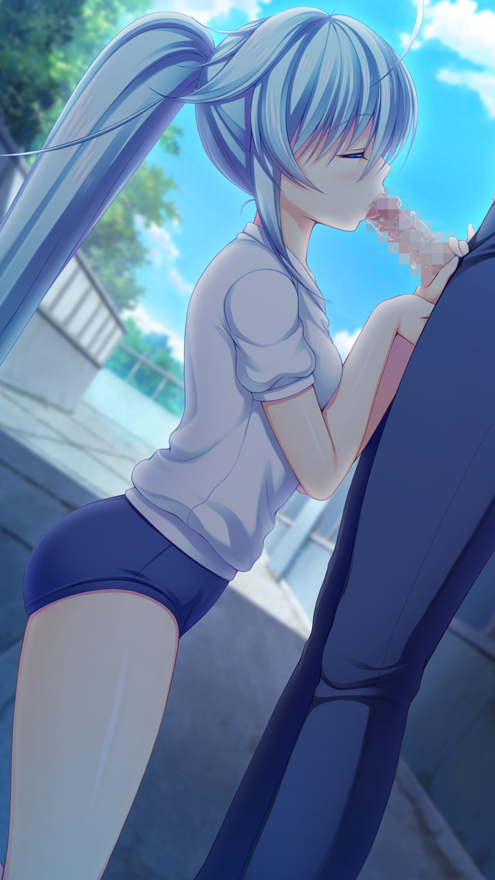 applique_(company) asami_asami azurite blue_hair blush caressing_testicles censored closed_eyes female game_cg gym_uniform long_hair penis ponytail re:birth_colony tied_hair