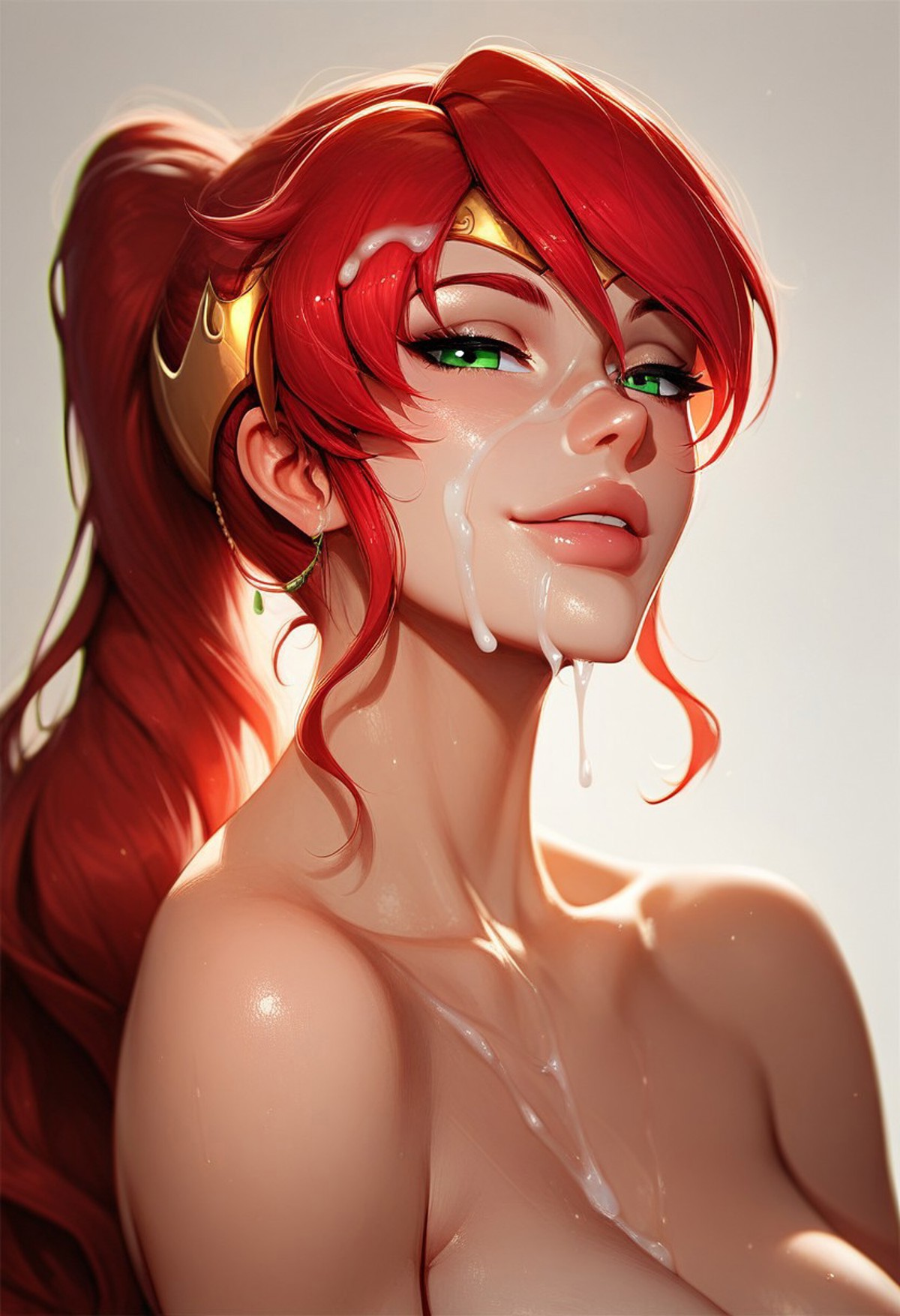 1girls, ai generated, female, female only, green eyes, high ponytail, long hair, looking at viewer, ponytail, pyrrha nikos, red hair, rwby, shiny hair, shiny skin, sidelocks, simple background, tagme