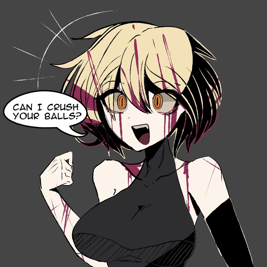 1girls, big breasts, blonde hair, breasts, clothing, dialogue, don quixote (limbus company), english text, female, female only, limbus company, project moon, short hair, tank top, yellow eyes