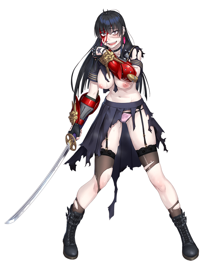 arm_armor aroused black_coat black_footwear black_hair blood blood_on_face boots breasts choker coat delinquent earrings female fingerless_gloves garter_straps gloves heart heart-shaped_pupils holding holding_sword holding_weapon jewelry jigokumaru_akira katana large_breasts long_hair long_skirt looking_at_viewer midriff navel nipples official_art panties pink_panties pussy_juice scar scar_on_face school_uniform side_slit simple_background skirt solo striped_clothes striped_panties sukeban sword symbol-shaped_pupils taimanin_(series) taimanin_rpgx thighhighs torn_clothes torn_skirt torn_thighhighs two-tone_panties underwear vertical-striped_clothes vertical-striped_panties weapon white_background yuuji_(and)