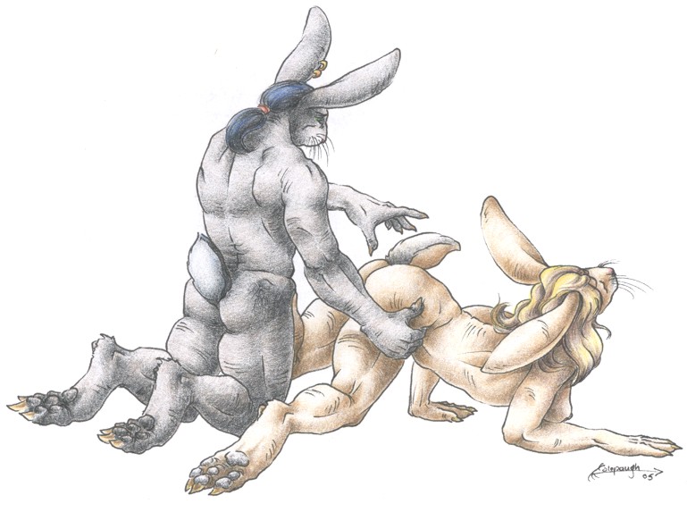 anthro ass blonde_hair breasts closed_eyes doggy_style female from_behind hair lagomorph mabnoggy male muscles nude open_mouth rabbit sex sinistervibe straight traditional_media