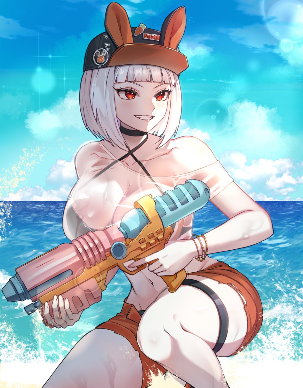 1girls cleavage clothing female female_only library_of_ruina lobotomy_corporation myo_(lobotomy_corporation) pale-skinned_female pale_skin project_moon red_eyes seaside short_hair tagme white_hair