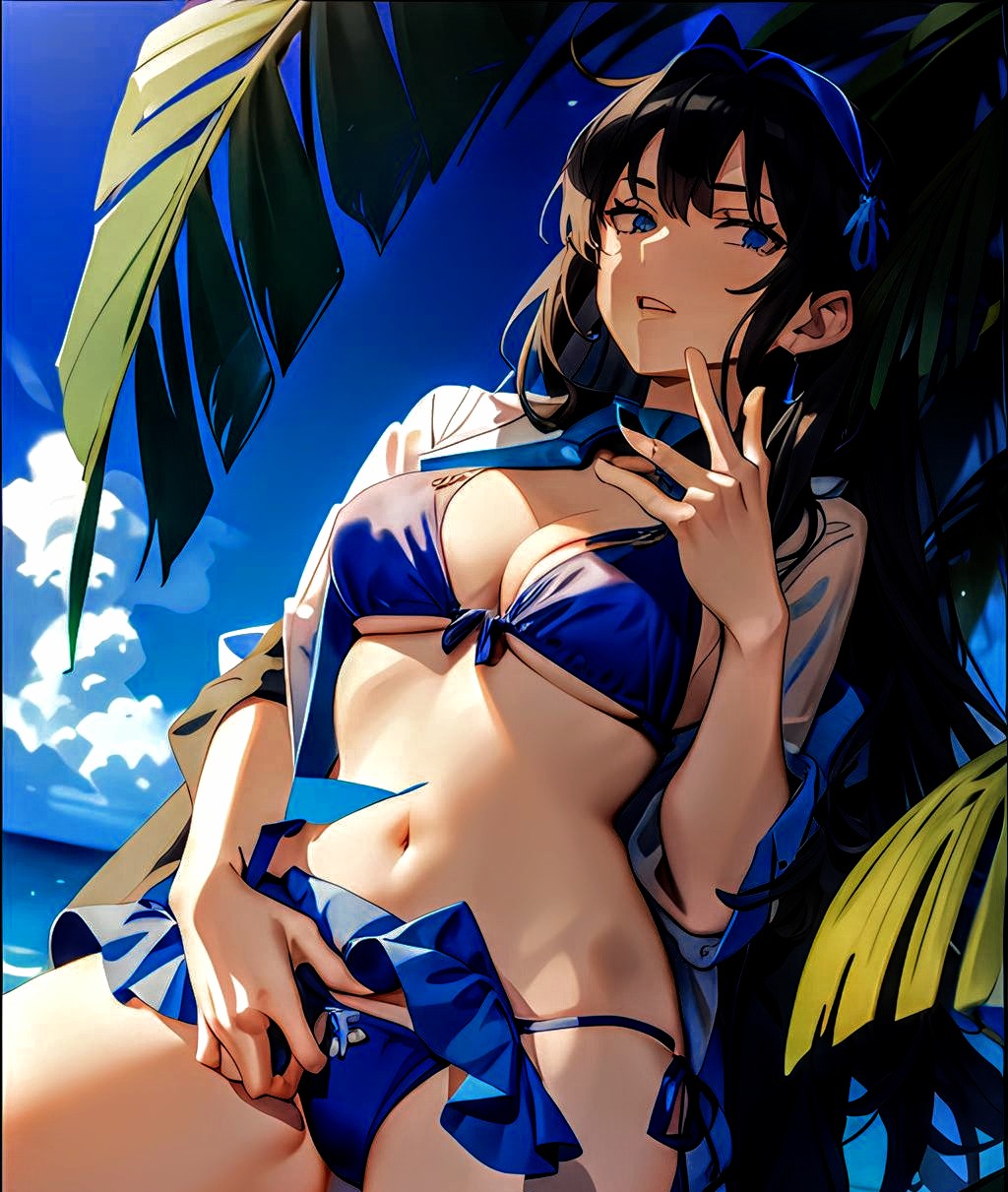 1girls ai_generated ai_hands artist_request bare_midriff beach bikini black_hair blue_bikini blue_eyes blue_swimsuit character_request cleavage clouds daytime female female_only long_hair medium_breasts nature navel outdoors outside palm_leaf solo source_request swimsuit tagme two-piece_swimsuit water