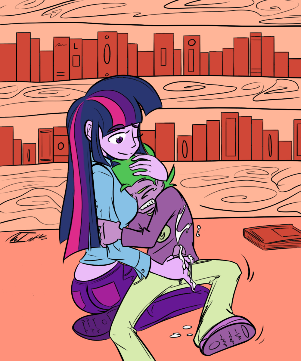 1boy 1girls 2012 book breasts closed_eyes clothed clothing couple cum cumshot female friendship_is_magic hair handjob hug human humanized library line_art long_hair male monochrome my_little_pony no-ink one_eye_closed orgasm penis shoes sitting smile smooth_skin spike_(mlp) straight twilight_sparkle_(mlp) wink young