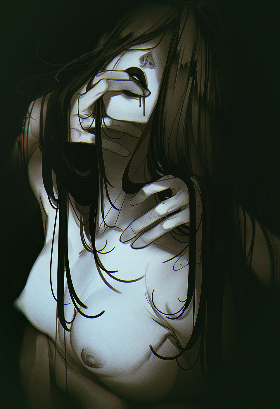 artistic artistic_nude artistic_nudity biting_finger black_hair black_lipstick dark_hair dead_by_daylight digital_drawing_(artwork) female_focus female_only fingers_in_mouth foreplay high-angle_view horror_(theme) hush_hushly lipstick offscreen_character pinup sadako_yamamura shirtless_female small_breasts small_nipples solo_female solo_focus the_ring topless topless_female white_skin yamamura_sadako