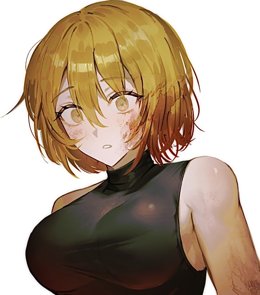 1girls, big breasts, blonde hair, breasts, clothing, don quixote (limbus company), female, female only, limbus company, project moon, short hair, sideboob, yellow eyes