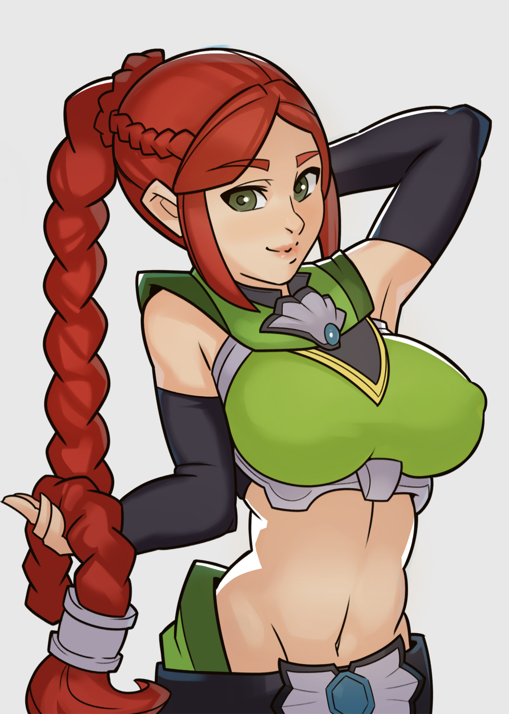 2016, braid, breasts, cassie (paladins), female, green eyes, hi-rez studios, large breasts, navel, paladins (game), red hair, smile, solo, splashbrush, tied hair, timber cassie