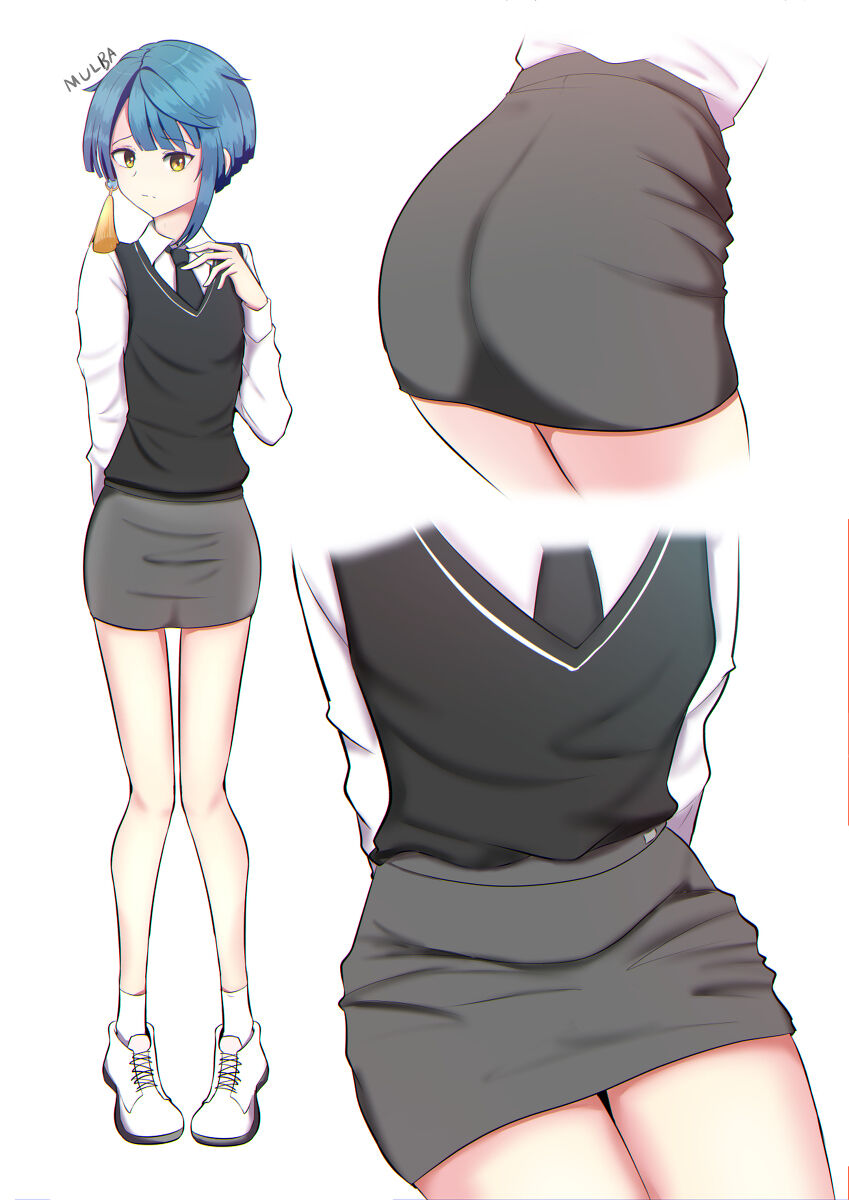 2d, artist request, black skirt, blue hair, genshin impact, male, male only, pencil skirt, solo, tagme, xingqiu (genshin impact), yellow eyes