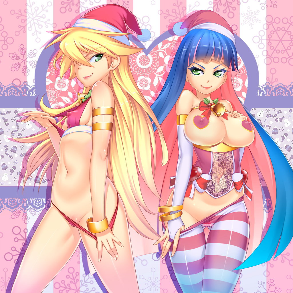 2girls, angel, bridal gauntlets, christmas, female, heart pasties, lucknight, mistletoe, multiple females, multiple girls, panty & stocking with garterbelt, panty anarchy, panty pull, pasties, pink heart pasties, pink pasties, stocking anarchy