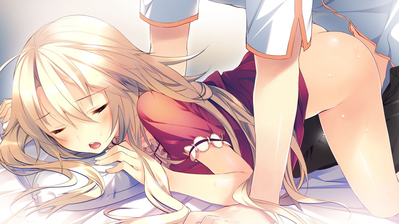 aka-san_to_kyuuketsuki all_fours ass bed blonde_hair blush closed_eyes doggy_style female game_cg highres kuwashima_rein legs long_hair no_panties open_mouth pillow sex sweat thighs vaginal_penetration