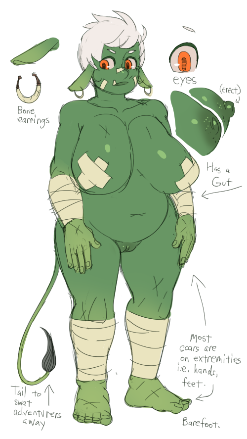 bull (noill), chubby, ear piercing, english text, fangs, female, green nipples, green skin, hair, macro, noill, ogre, orange eyes, original, original character, piercing, pussy, scar, text, white hair