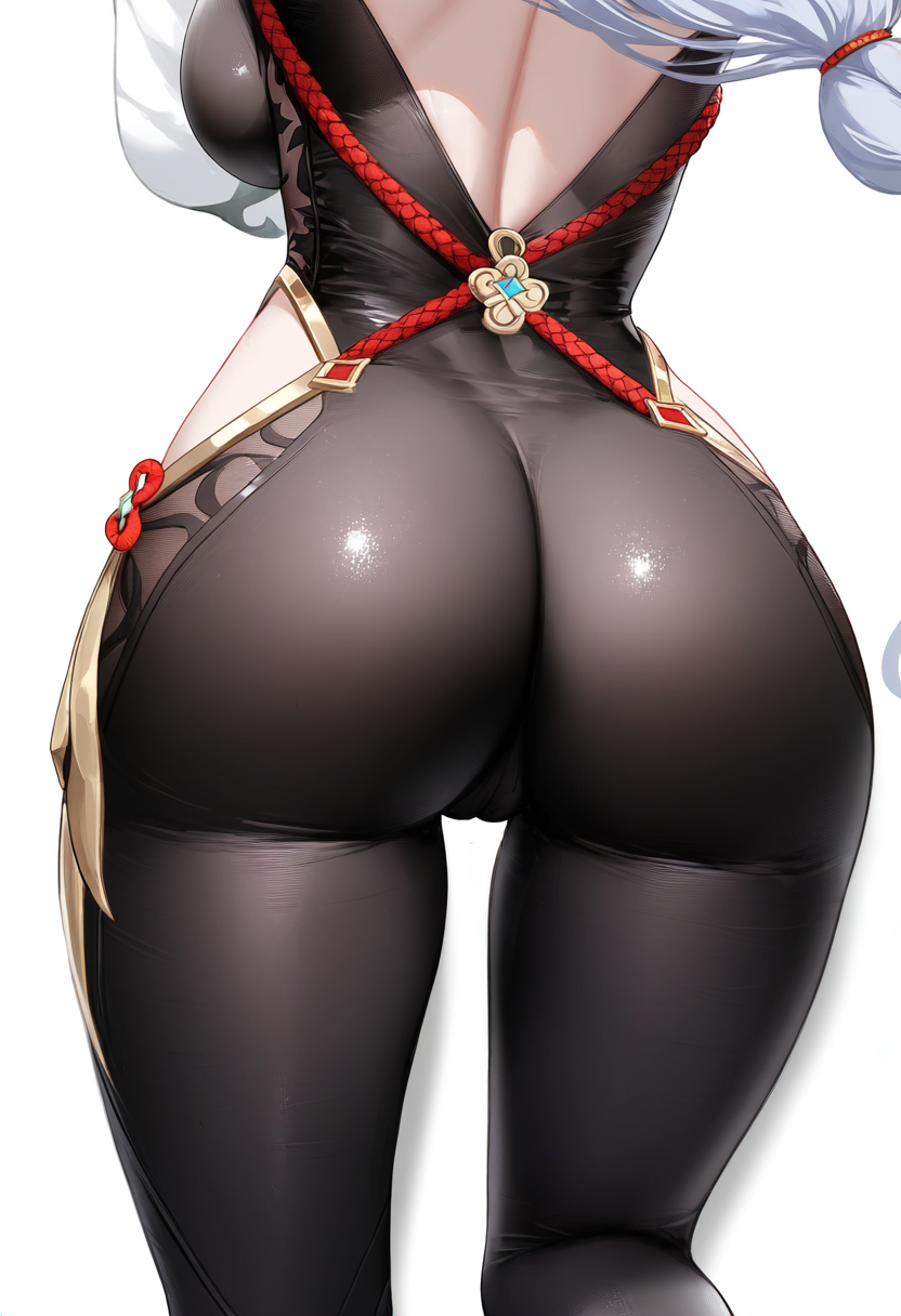 1girls ai-created ai_generated ass ass_focus back back_cutout backless_outfit bangs black_bodysuit bodysuit braid breasts cameltoe close-up clothing clothing_cutout completely_nude curvaceous curvaceous_female curvaceous_figure curvy curvy_figure female female female_focus female_only from_behind genshin_impact grey_hair hair_ornament hip_vent huge_ass large_breasts long_hair looking_at_viewer lower_body ponytail rope sanky shenhe_(genshin_impact) shiny_clothes simple_background skin_tight solo thighs tied_hair very_long_hair voluptuous voluptuous_female white_background white_hair