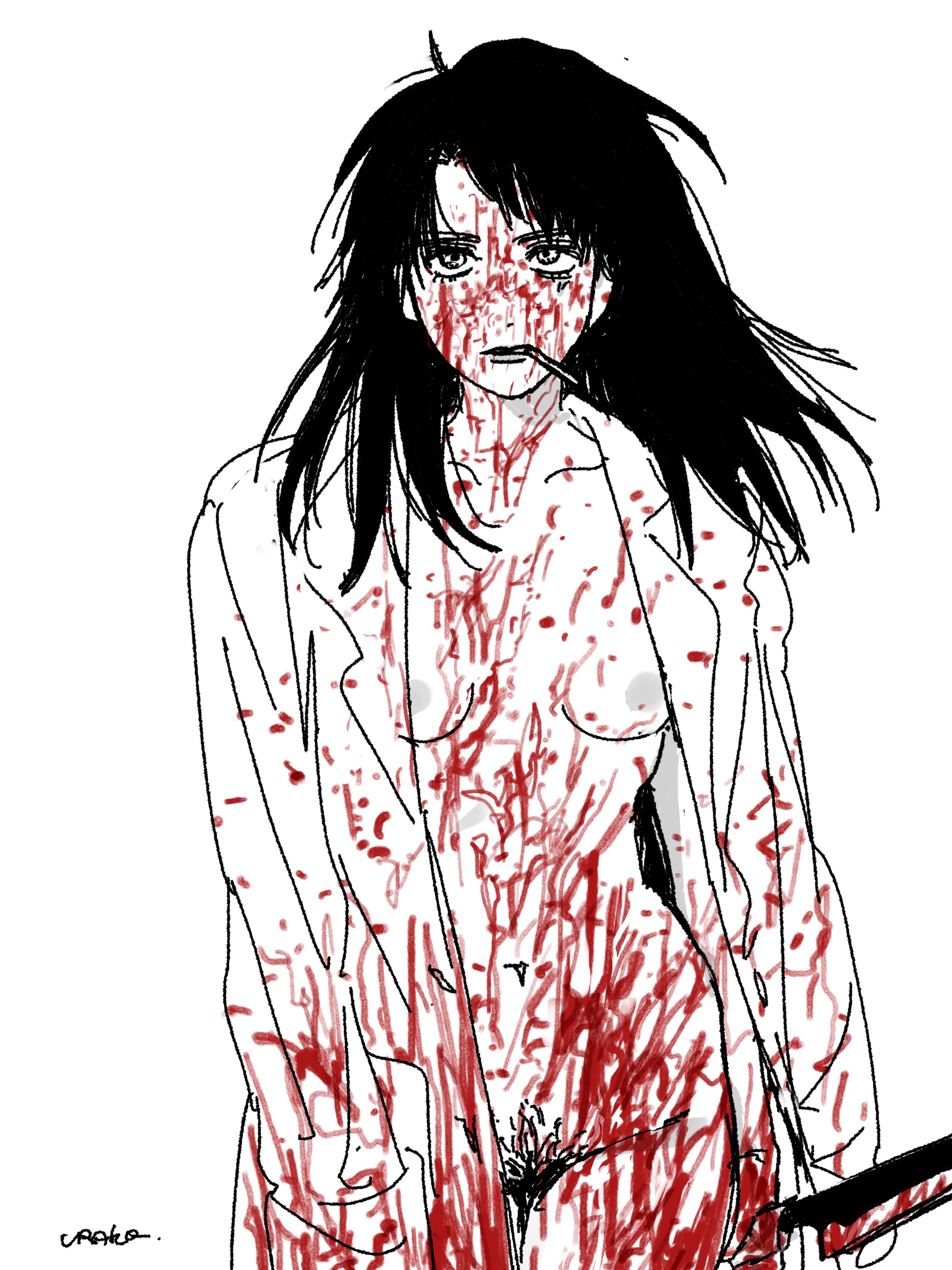 blood, blood on face, blood splatter, bottomless, breasts, cigarette, clothing, female, female only, gegege no kitarou, genderswap, genderswap (mtf), human, iamurako, kitarou tanjou gegege no nazo, knife, long hair, looking at viewer, mizuki (gegege no kitarou), nonsexual, nonsexual nudity, open shirt, outerwear, pale skin, pubic hair, rule 63, small breasts, smoking, solo, spot color, weapon
