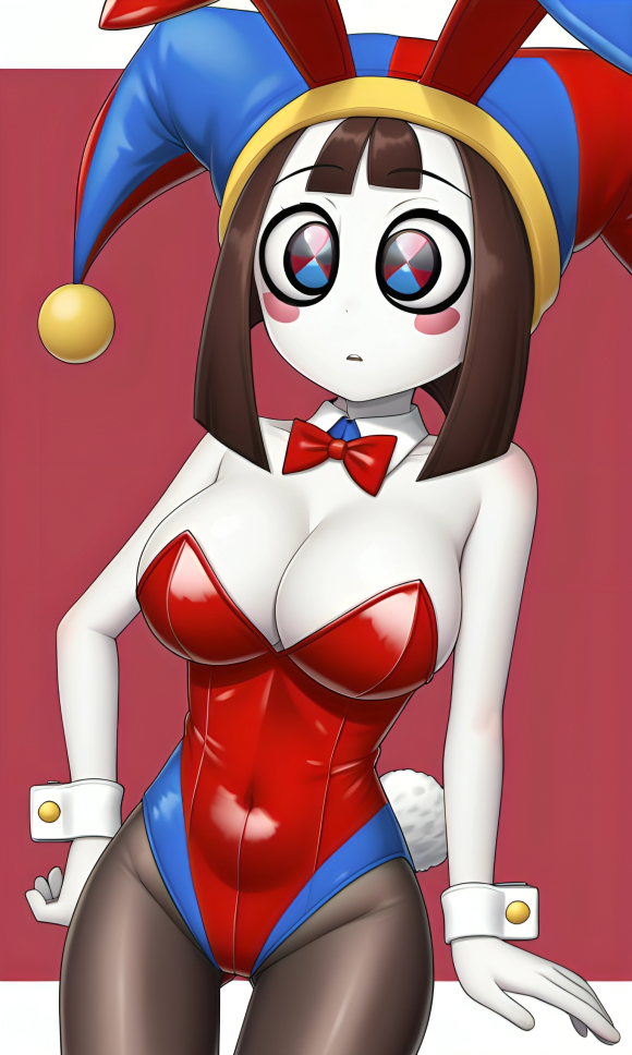 ai_generated bangs big_breasts breasts brown_hair bunny_ears bunnysuit collar collar_only female hand_on_hip jester jester_girl jester_hat multicolored_eyes pale_skin pantyhose pixai playboy_bunny pomni pomni_(the_amazing_digital_circus) red_bowtie red_bunny_ears sidelocks skinny skinny_girl slim_waist the_amazing_digital_circus white_skin wrist_cuffs xddcc