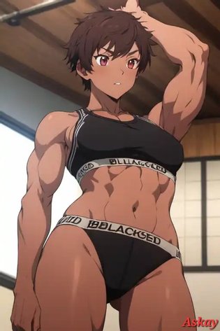 abs ai_generated blacked_clothing blossom_(lv2_cheat) lv2_kara_cheat_datta_motoyuusha_kouho_no_mattari_isekai_life muscles muscular_female pixai tomboy