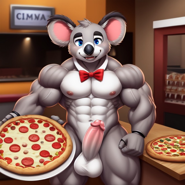 ai_generated animatronic balls frosting.ai gay koala koly_(trtf) male_only muscular muscular_male penis pizza sugar1989 the_return_to_freddy's