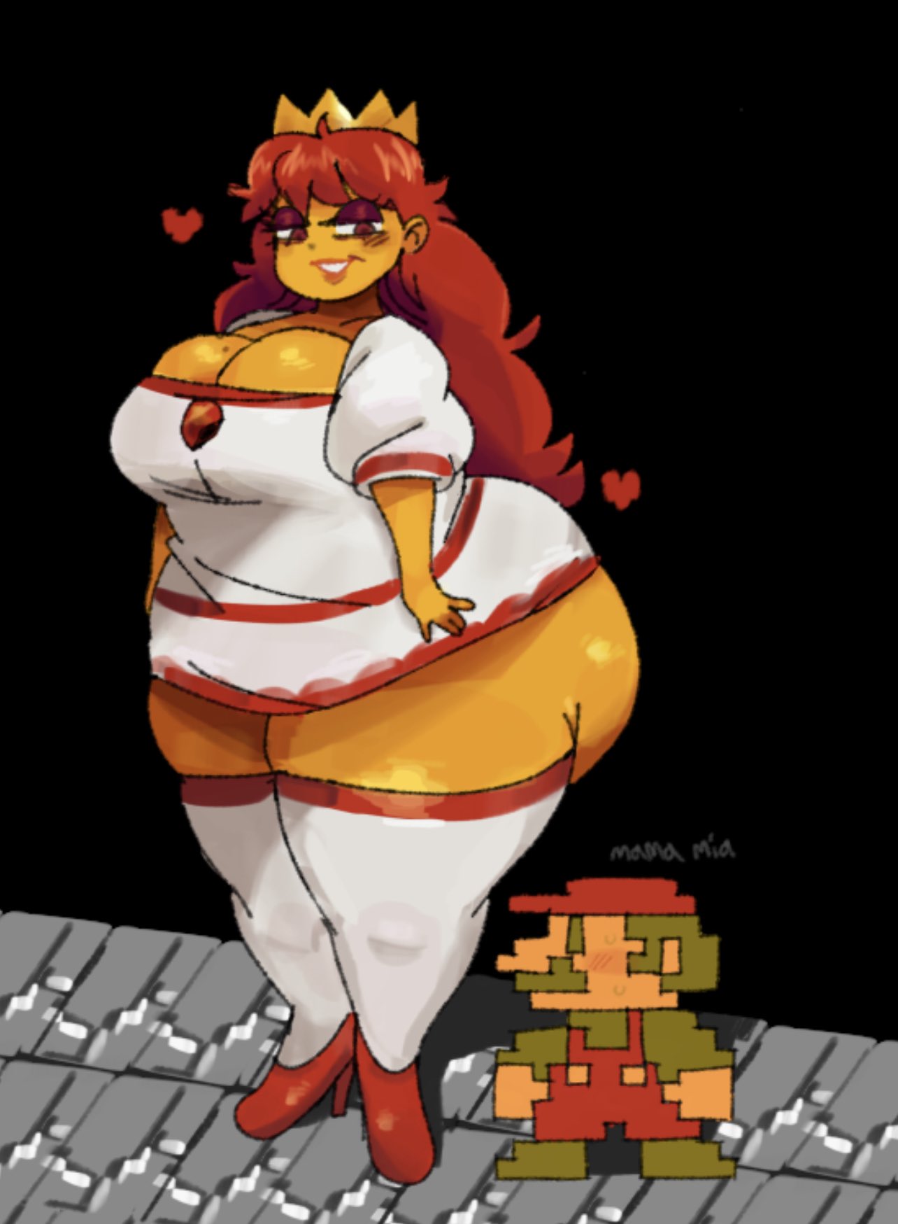 ass big_ass big_breasts big_butt big_thighs blush breasts clothing crown curvy curvy_female curvy_figure front_view gigantic_ass heart heart_symbol mario mario_(series) mole_on_breast mstreetsamurai orange_skin princess_peach princess_toadstool red_hair smile super_mario_bros. thick_ass thick_thighs white_dress wide_hips