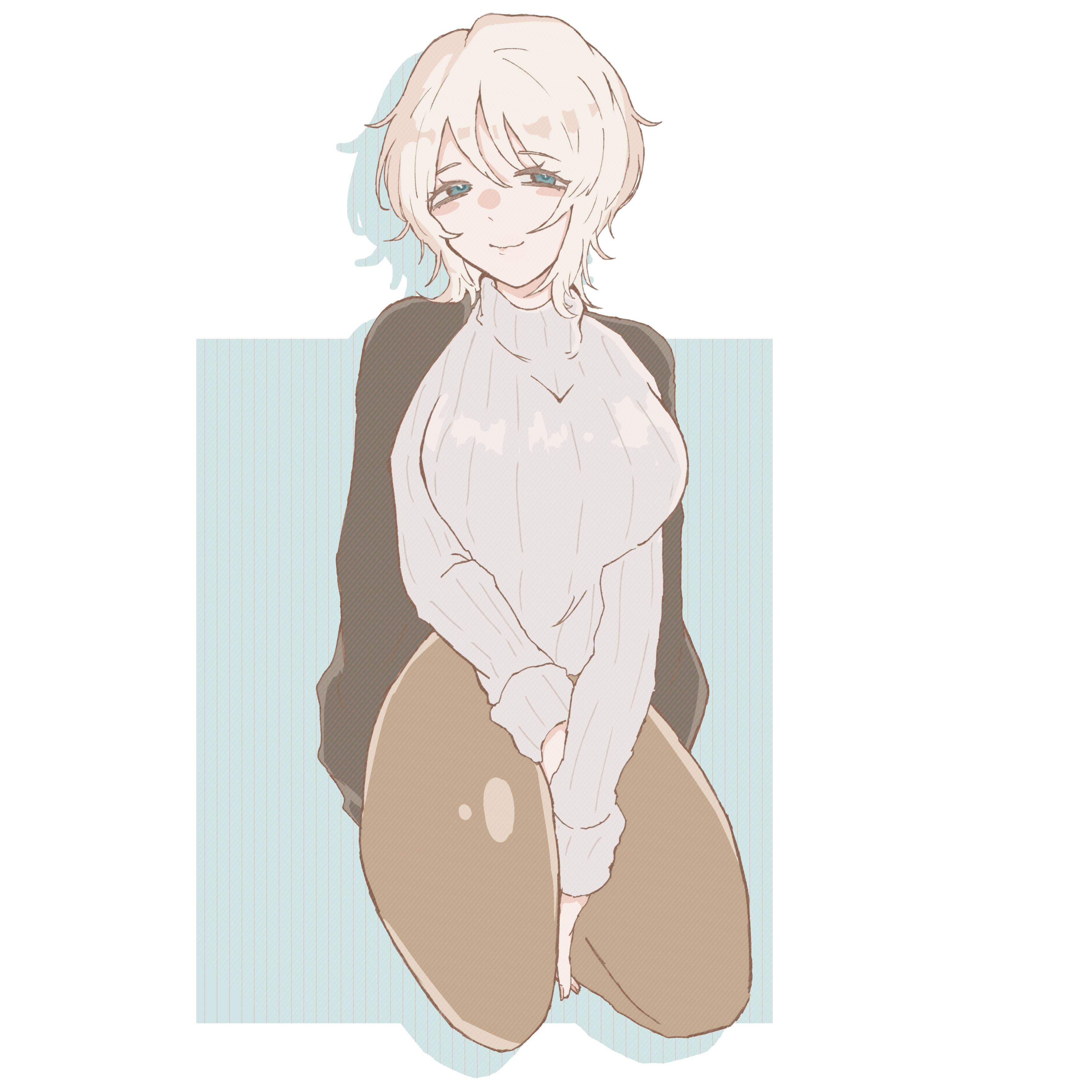 1girls, big breasts, blue eyes, breasts, clothing, curvy, curvy figure, faust (limbus company), female, limbus company, looking at viewer, pantyhose, project moon, short hair, slim, smile, tagme, turtleneck, white hair