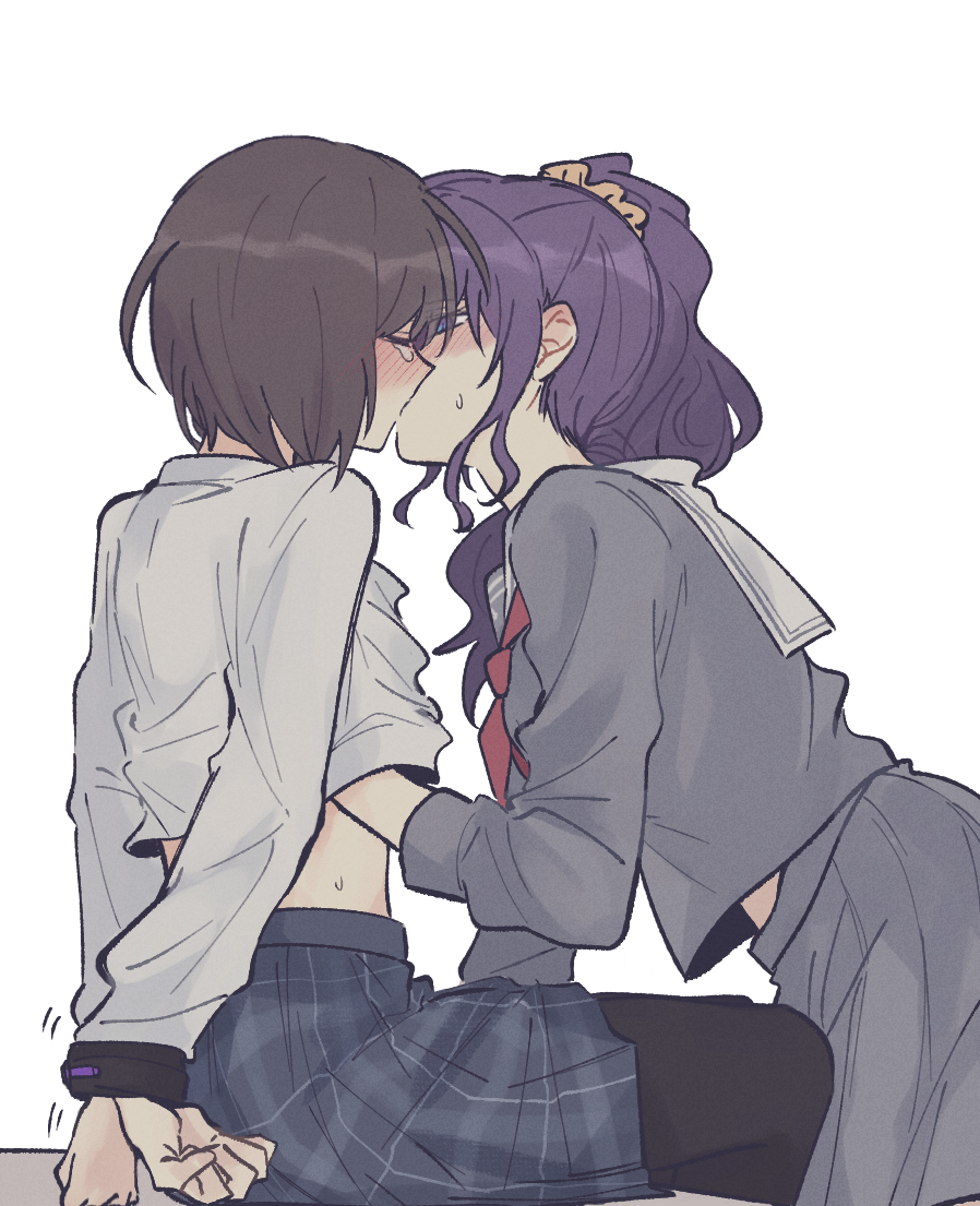 2girls asahina_mafuyu belly blue_eyes blush breasts brown_hair closed_eyes clothed clothing female_focus female_only grabbing grabbing_another&#039;s_breast grabbing_breasts gradient_eyes grope groping groping_breast groping_breasts hands_under_clothes high_resolution highres kissing medium_breasts multiple_girls naked partially_clothed partially_clothed_female partially_nude partially_undressed project_sekai purple_eyes purple_hair restrained school schoolgirl shinonome_ena thighs tied tied_hands tied_up toxic_yuri tummy uniform yuri