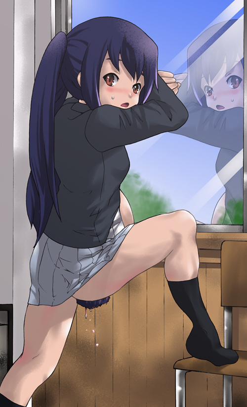 1girls azusa_nakano_(k-on!) belly birth birthing blush chair clothing female female_only giving_birth human human_only k-on! leg_up long_hair misakitou mouth_open one_leg_up pigtails pregnant reflection school_uniform skirt solo spread_legs standing stockings surprised window young