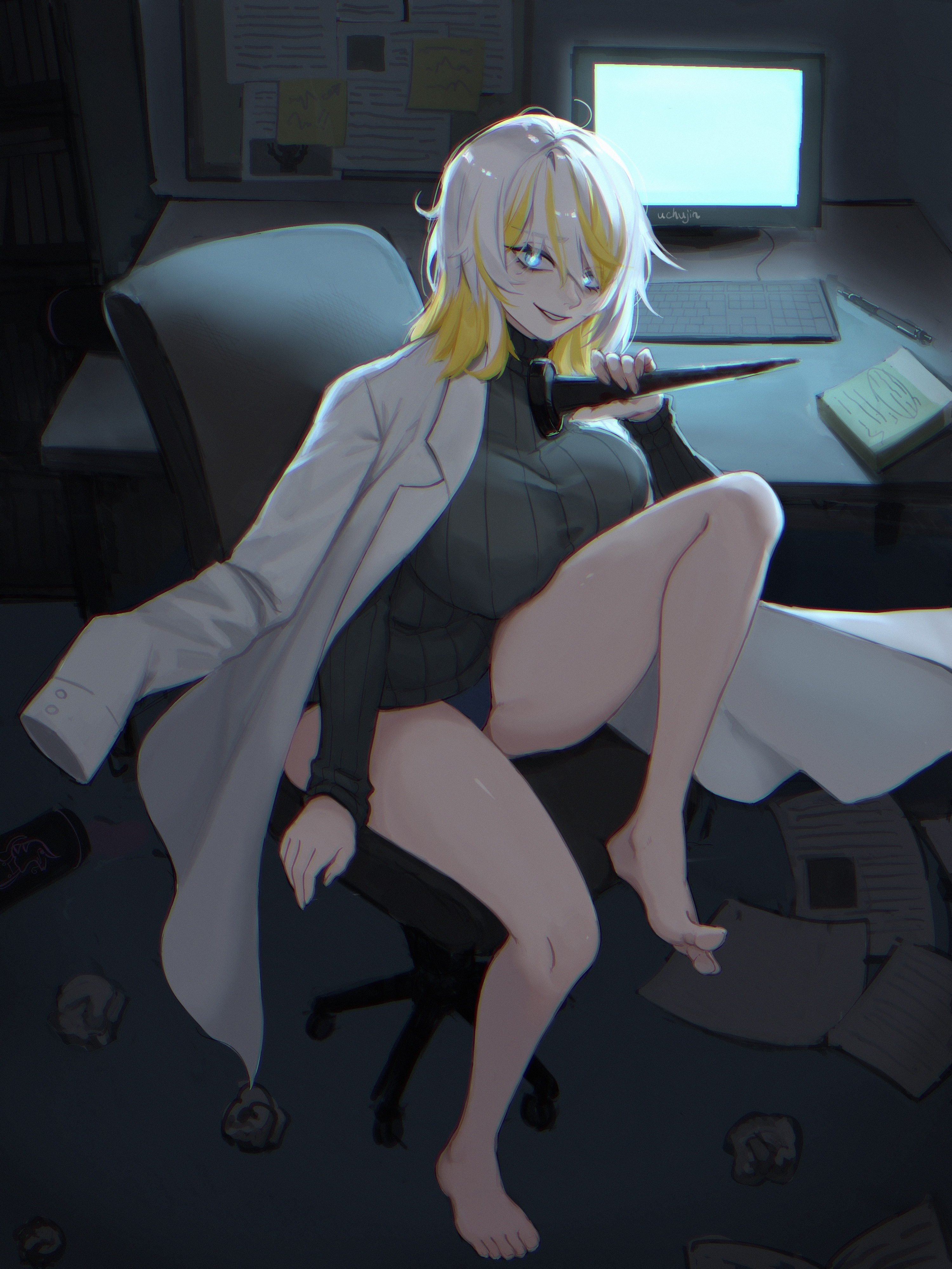1girls, big breasts, breasts, clothing, coat, dyed hair, faust (limbus company), female, female only, legs up, limbus company, looking at viewer, panties, project moon, sitting, smile, the one who grips faust (limbus company), thick thighs, turtleneck, white hair