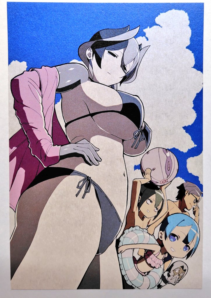 1girls 4boys alternate_costume beach big_breasts bikini black_and_white_hair black_bikini black_eyes expressionless female female_focus hair_between_eyes half-closed_eyes hand_on_hip jacket looking_at_viewer low-angle_view made_in_abyss male marulk off_shoulder open_jacket outdoors ozen pale-skinned_female pale_skin shimatora short_hair side-tie_bikini simred solo_focus sweatshirt sweatshirt_and_bikini swimsuit two_tone_hair underboob white_body white_skin yelme zappo