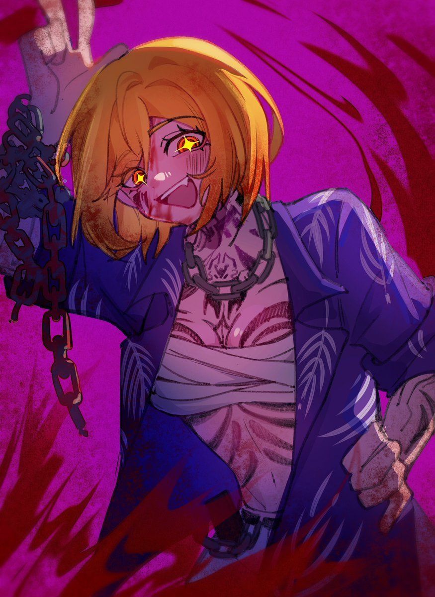 1girls blonde_hair blood blood_splatter blood_stain blush chains cleavage clothing don_quixote_(limbus_company) female female_only limbus_company open_clothes project_moon short_hair smile sparkling_eyes tattoo tattoos yellow_eyes