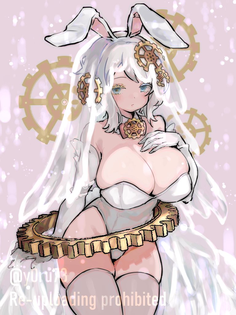 1girls, big breasts, blue eyes, breasts, bunny ears, cleavage, corset, faust (limbus company), female, hand on breast, limbus company, project moon, short hair, stockings, thick thighs, white hair