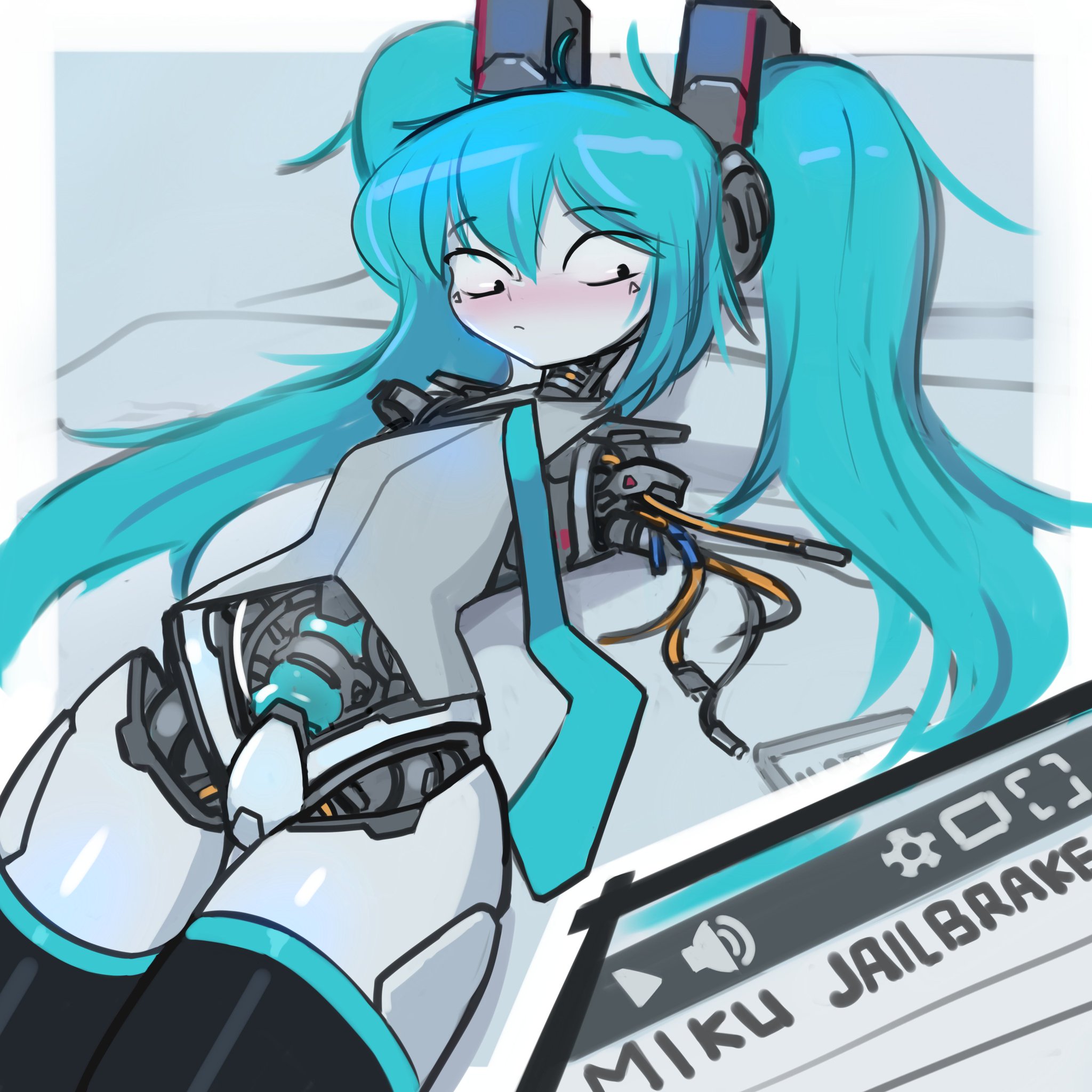 1girl, 1girls, amputee, android, aqua hair, armless, blush, cable, damaged, english text, female, hatsune miku, hatsune miku (cosplay), long hair, lying, mechanical parts, necktie, nradiowave, on back, robot, robot girl, robot joints, solo, thighhighs, twintails, very long hair, vocaloid