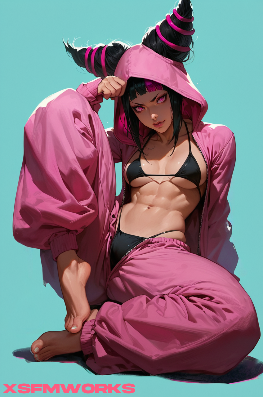 abs ai_generated artist_name baggy_pants bangs barefoot bikini bikini_under_clothes black_bikini black_hair black_swimsuit blue_background blunt_bangs breasts breasts_apart cleavage clothing feet female female_only fingernails full_body hair_horns high_resolution hood hood_up hoodie jacket juri_han knee_up lips looking_at_viewer makeup medium_breasts micro_bikini midriff multicolored_hair muscle muscular_female nail_polish navel nose open_clothes open_hoodie pajamas pants pink_eyes pink_hair pink_jacket pink_pants purple_eyes short_hair simple_background sitting skindentation smile soles solo stomach street_fighter street_fighter_6 string_bikini swimsuit swimsuit_under_clothes toenail_polish toenails toes toned two-tone_hair underboob unzipped xsfmworks