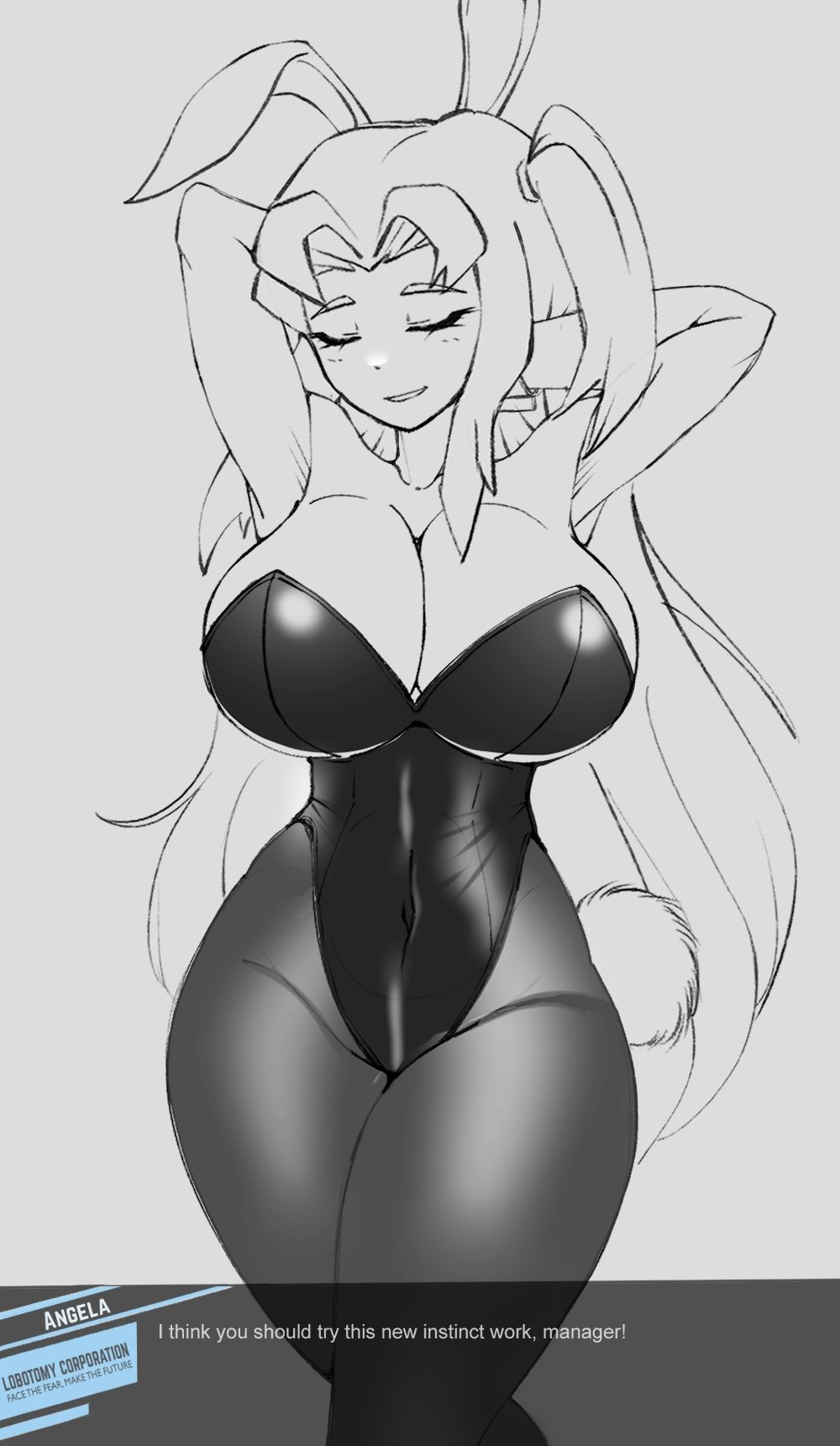 1girls, angela (lobotomy corporation), big breasts, blush, breasts, bunny ears, bunny tail, cleavage, closed eyes, corset, dialogue, english text, female, library of ruina, lobotomy corporation, long hair, no color, pantyhose, project moon, tagme