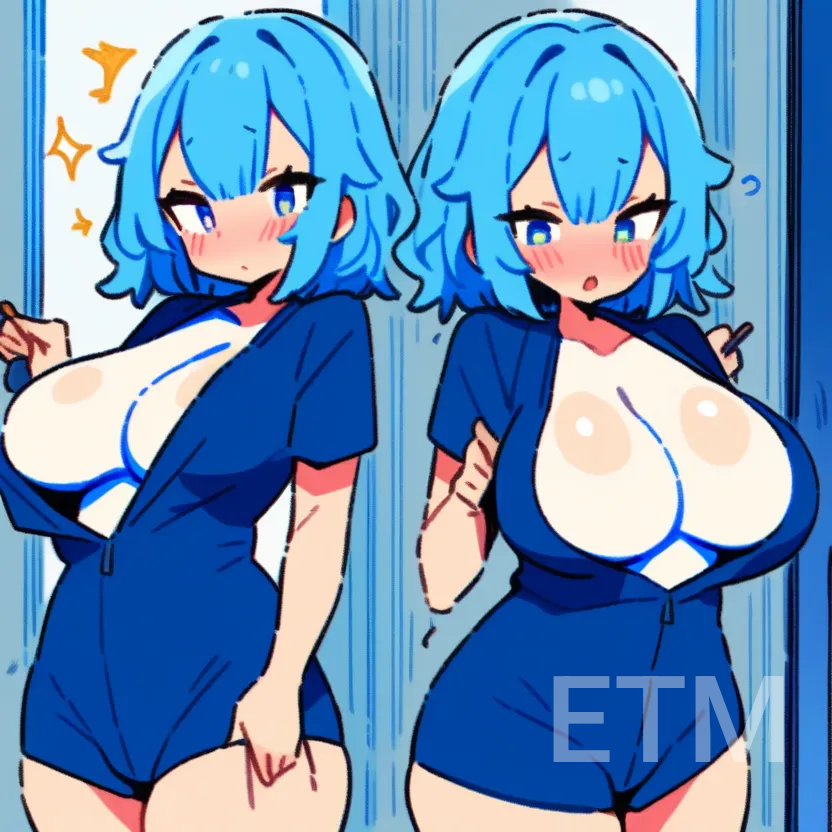 ai ai_generated blue_eyes blue_hair large_ass large_breasts red_eyes thick_thighs tight_clothes tight_clothing tight_fit