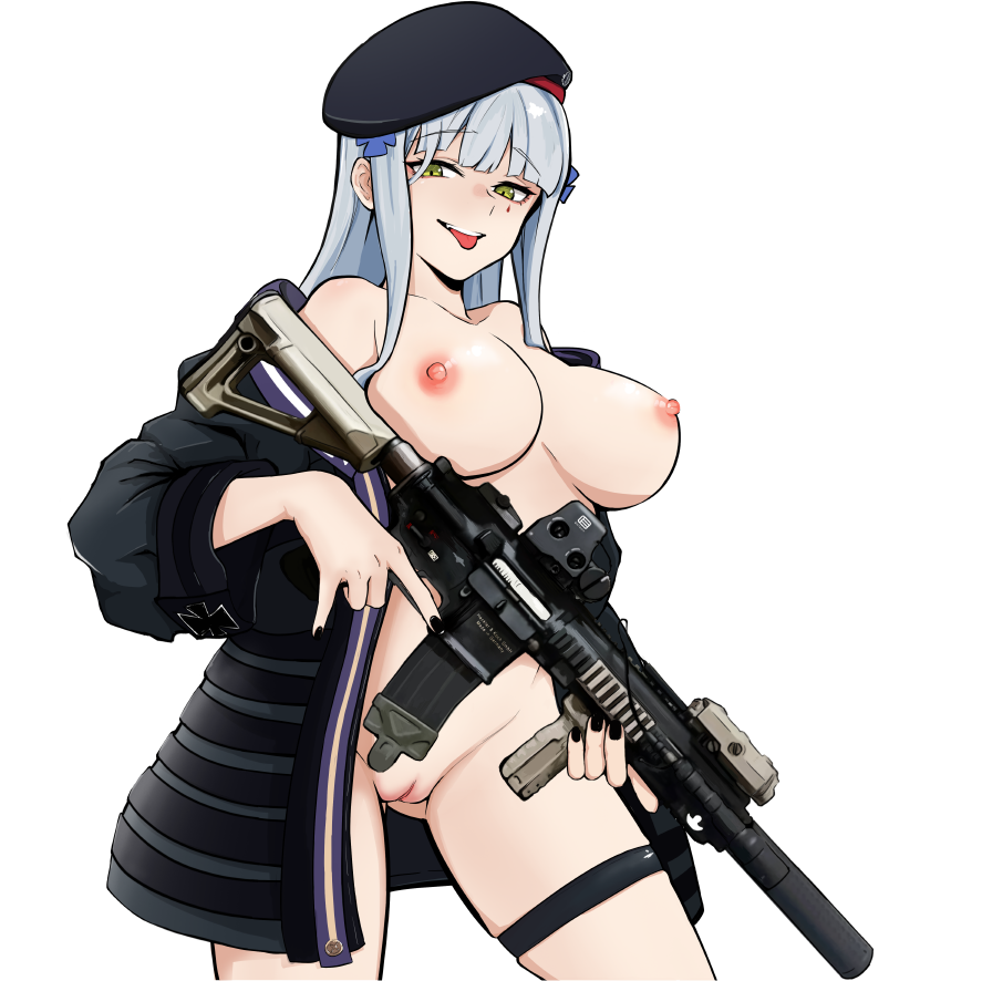 assault_rifle beret black_jacket black_nails blue_hair breasts commentary_request commission cowboy_shot cross cross_hair_ornament girls'_frontline gun h&k_hk416 hair_ornament hat hk416_(girls'_frontline) hk416_(mod3)_(girls'_frontline) holding holding_gun holding_weapon iron_cross jacket jian_(ntd_ak12) looking_at_viewer naked_jacket nipples off_shoulder open_clothes open_jacket pussy rifle simple_background skindentation smile teardrop_facial_mark teardrop_tattoo teeth thigh_strap tongue tongue_out trigger_discipline upper_teeth_only weapon white_background