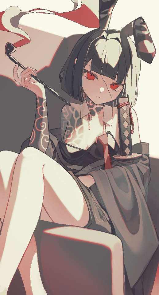 1girls, black hair, breasts, bunny ears, cleavage, clothing, corset, female, female only, irezumi, kurokumo clan (identity) (project moon), limbus company, project moon, red eyes, ryoshu (limbus company), short hair, sitting, small breasts, smoking, tattoo, tattoos, xnol xaxl